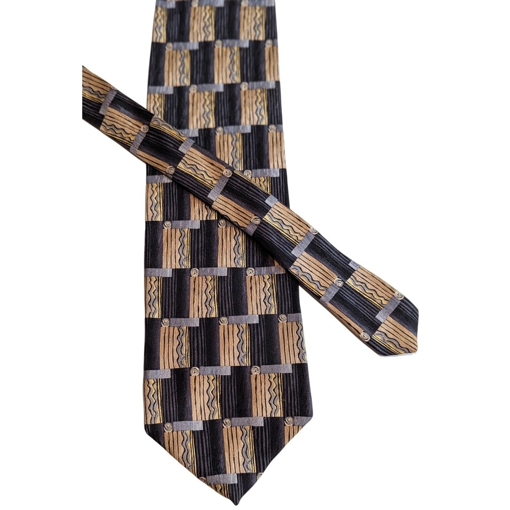 Jimmy Z‎ Geometric Pattern Silk Necktie Men Black Gold Blue